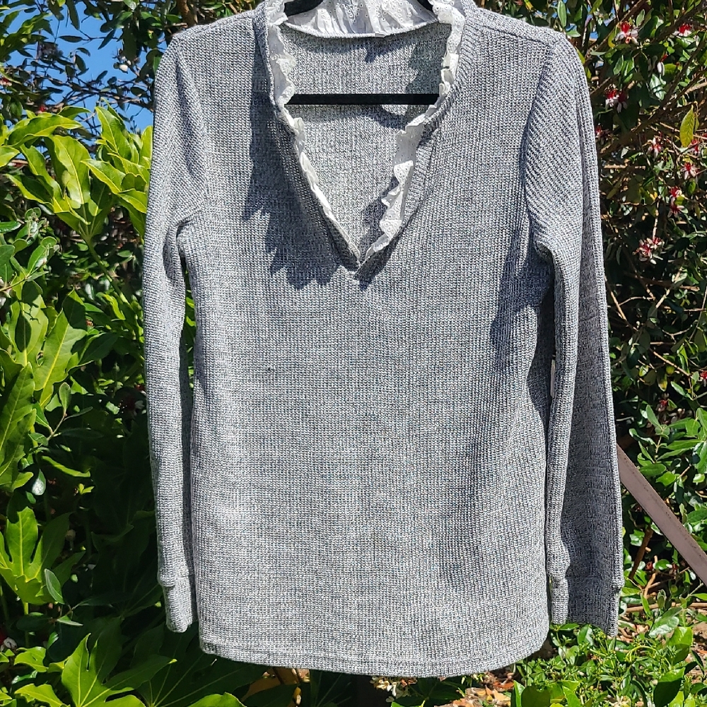 Gray V-Neck Sweater with Ruffle Trim